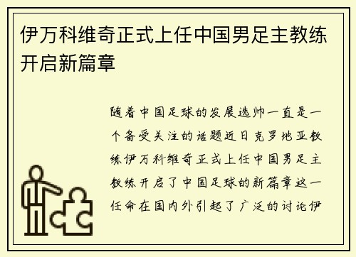 伊万科维奇正式上任中国男足主教练开启新篇章